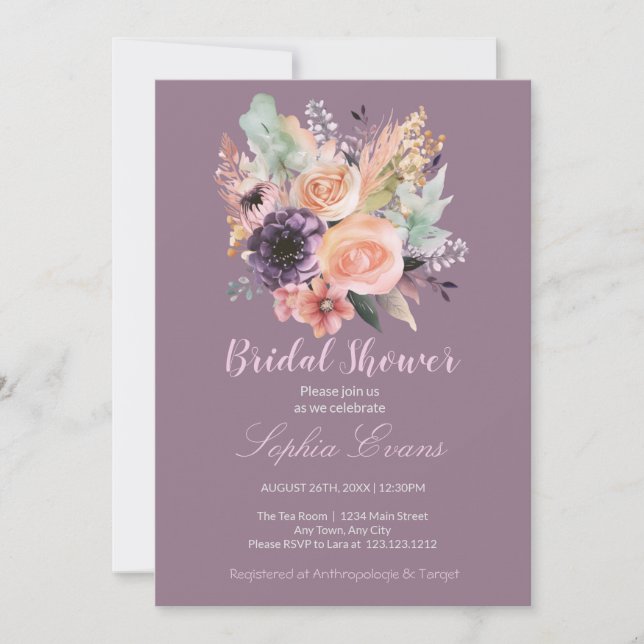 Modernes Pastell Floral Bouquet Lila Brautparty Einladung (Vorderseite)
