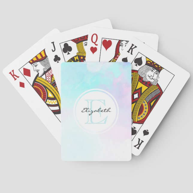 Modernes Pastellblau und Lila Aquarellmonogramm Spielkarten (Rückseite)
