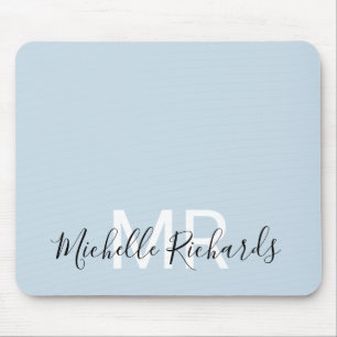 Modernes, pastellblaues Monogramm-Skript Mousepad