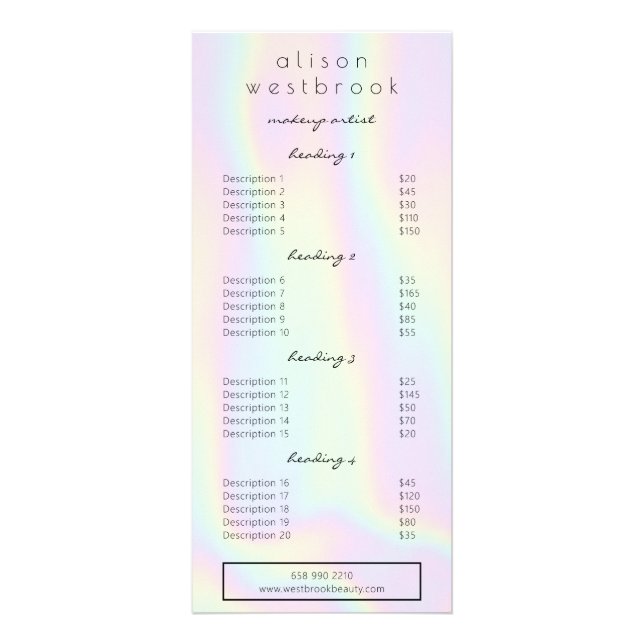 Modernes pastellfarbenes holografisches Glam-Salon Werbekarte (Vorne)