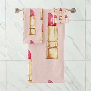 Modernes, pastellfarbenes rosa und rotes Lipstick- Badhandtuch Set