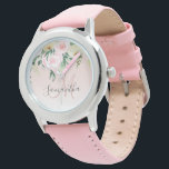 Modernes Pastellrosa und Blume mit Namen Armbanduhr<br><div class="desc">Modernes Pastellrosa und Blume mit Namen</div>