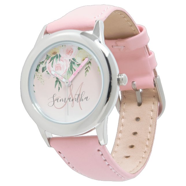 Modernes Pastellrosa und Blume mit Namen Armbanduhr (Schrägansicht)
