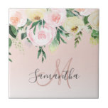 Modernes Pastellrosa und Blume mit Namen Fliese<br><div class="desc">Modernes Pastellrosa und Blume mit Namen</div>