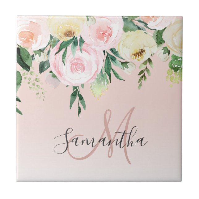 Modernes Pastellrosa und Blume mit Namen Fliese (Vorderseite)
