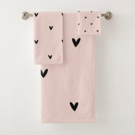Modernes, pastellrosa und schwarzes Herzmuster Badhandtuch Set
