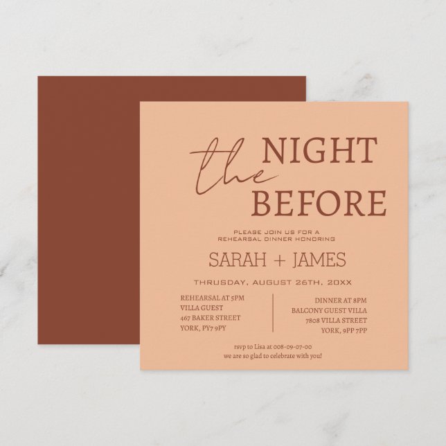 Modernes Peach Beige Probe Dinner Hochzeitsplatz Einladung (Vorne/Hinten)