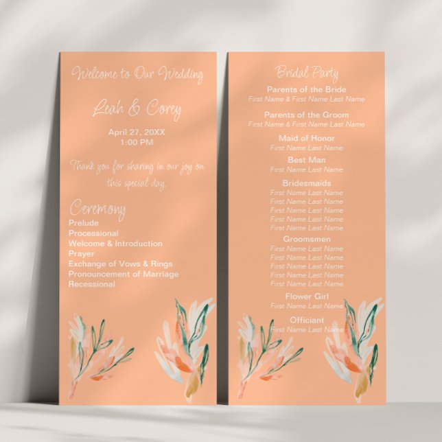 Modernes Peach Floral Hochzeitsprogramm Programm (Von Creator hochgeladen)