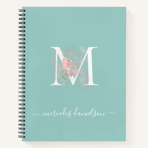 Modernes Peppermint Grün Pink Blüten Mit Monogramm Notizbuch