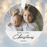 Modernes Personalisiertes Baby's First Christmas F Ornament<br><div class="desc">Das erste Weihnachtsgeschmuck des Babys mit personalisiertem Text und Foto an der Vorderseite,  Polka-Dots-Muster an der Rückseite.</div>