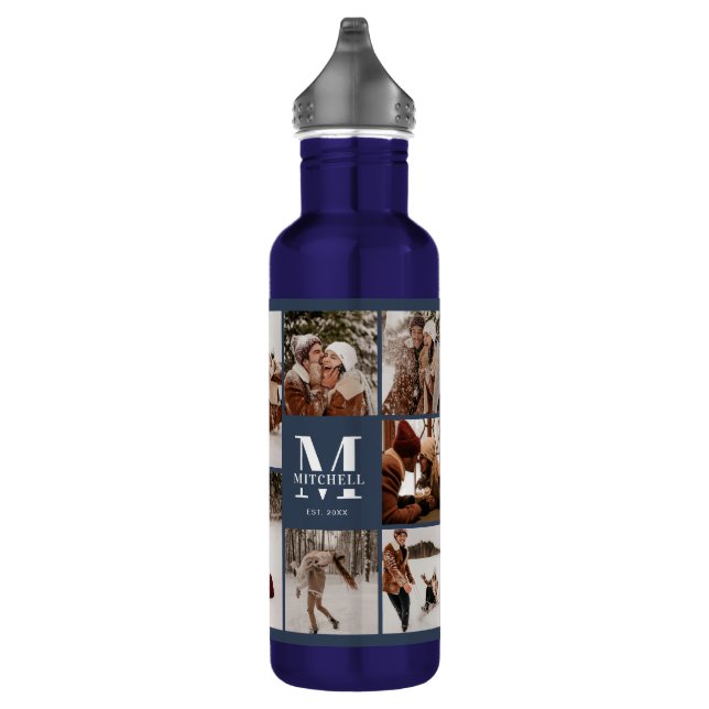 Modernes Personalisiertes Monogramm & Fotolack Bla Edelstahlflasche (Rechts)