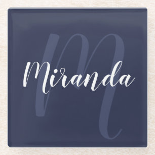 Modernes Personalisiertes Monogramm und Name Navy Glasuntersetzer