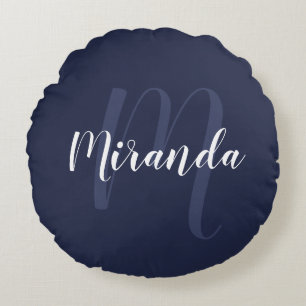 Modernes Personalisiertes Monogramm und Name Navy Rundes Kissen