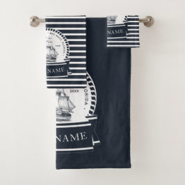 Modernes Personalisiertes Navy Blue Nautical Boat Badhandtuch Set