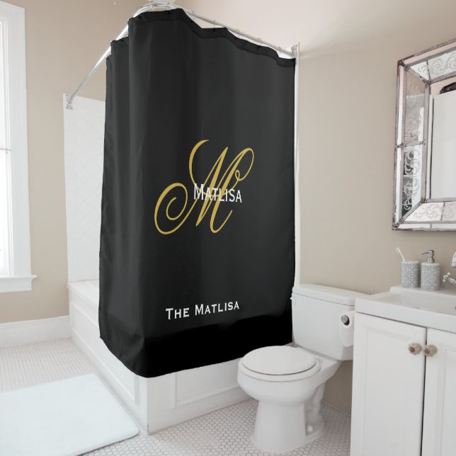 Modernes Personalisiertes Schwarz/Gold Monogramm-S Duschvorhang (Beispiel)