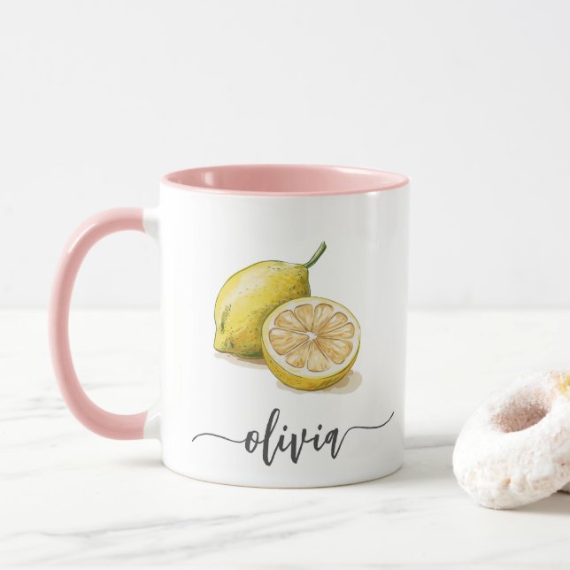 Modernes Personalisiertes Wasserfarbengelbes Zitro Tasse (Mit Donut)