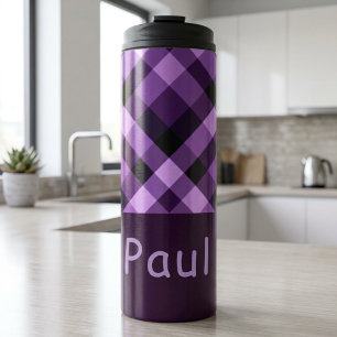 Modernes Pflaumen-Purple-Karo-Monogramm-Thermal-Tu Thermosbecher