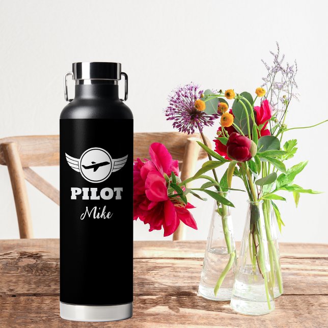 Modernes PILOT-Typografie-Flugzeug, Schwarz/Weiß Trinkflasche (Von Creator hochgeladen)