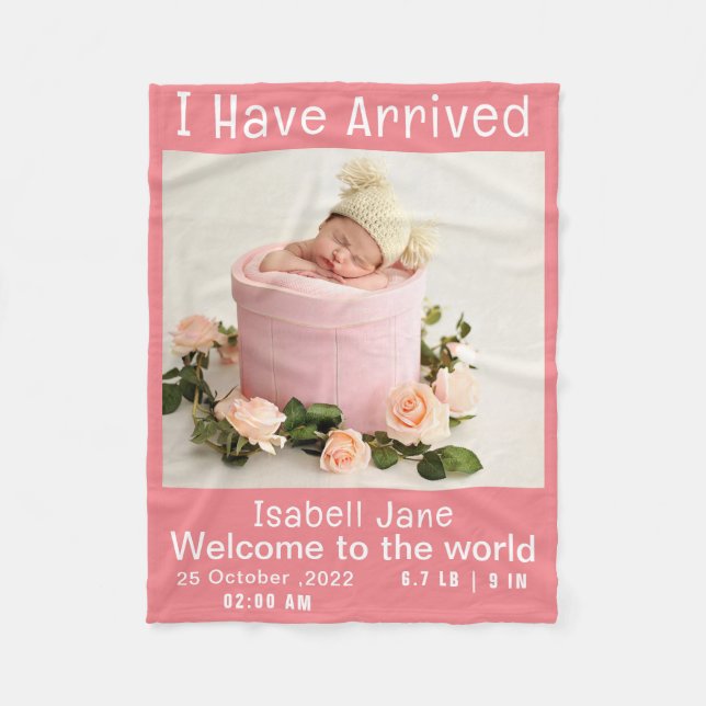 Modernes Pink Baby Girl Foto Geburtserklärung Fleecedecke (Vorderseite)