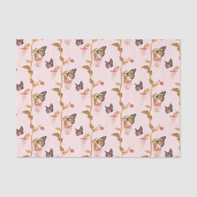 Modernes Pink Boho Butterfly Blumenmuster Seidenpapier (Vorderseite)