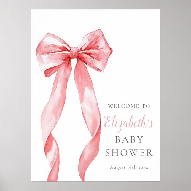 Modernes Pink Bow Baby Dusche Begrüßungszeichen Poster (Vorne)