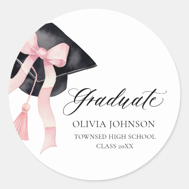 Modernes Pink Bow Coquette Graduate Cap Graduate Runder Aufkleber (Vorderseite)