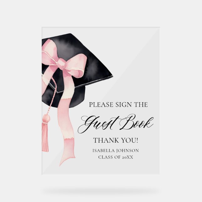 Modernes Pink Bow Graduation Party Guest Book Sign Acrylschild (Vorderseite)