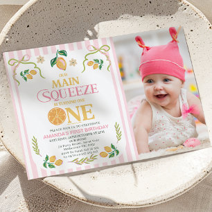 Modernes Pink Foto Lemon Hauptpresse 1. Geburtstag Einladung