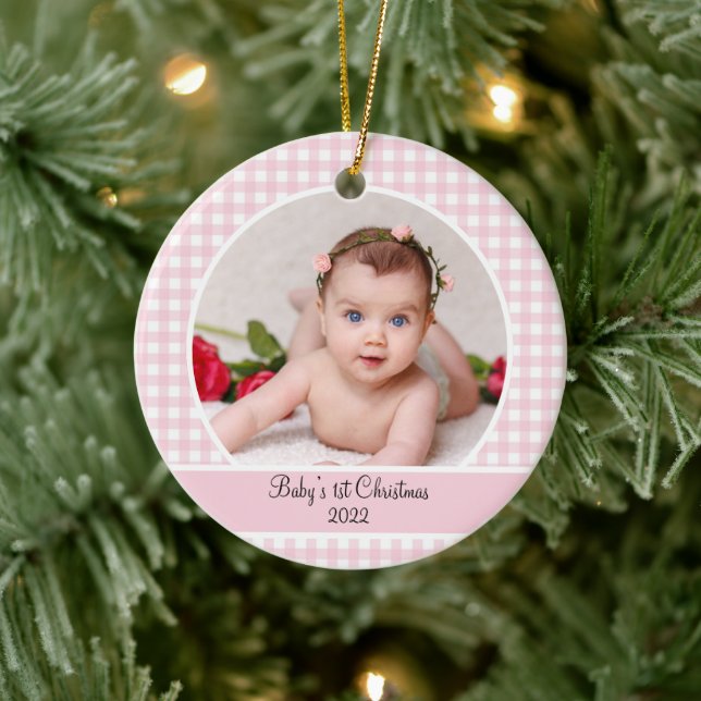 Modernes Pink Gingham Baby Foto Keramik Ornament (Baum)