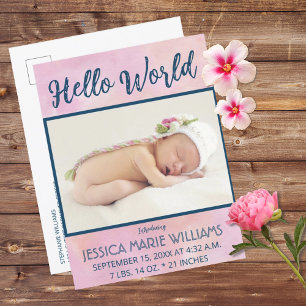 Modernes Pink Girl Baby Announctions Foto Postcard Ankündigungspostkarte