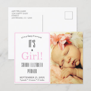 Modernes Pink Girl Foto Geburtshinweis Postkarte