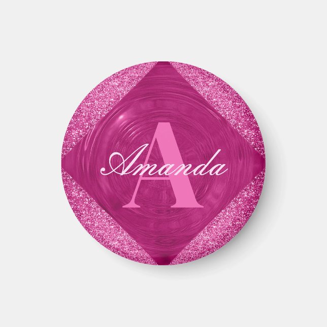 Modernes Pink-Glitzer Girly Monogram Magnet (Vorne)