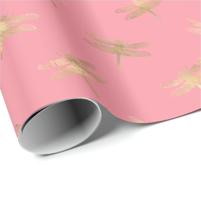 Modernes Pink Gold Dragonfly-Muster Geschenkpapier (Rolleneckpunkt)