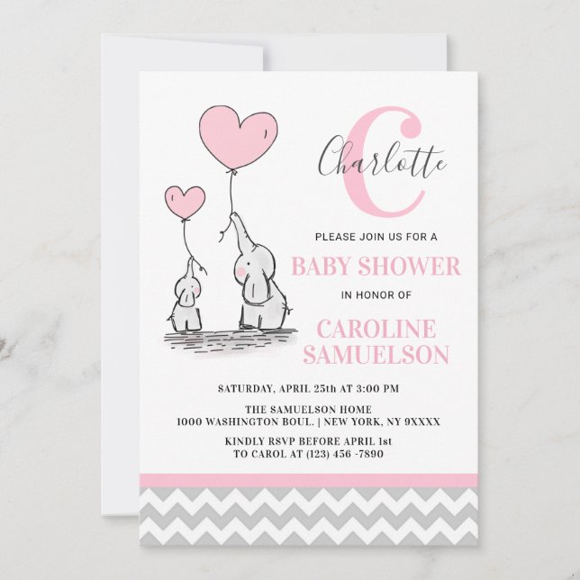 Modernes Pink Gray Elephant BABY SHOWER Baby Girl Einladung (Vorderseite)