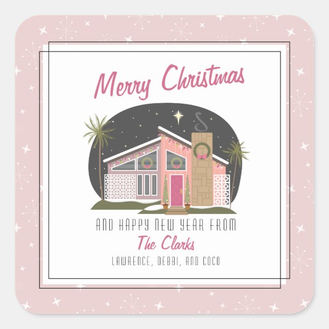 Modernes Pink House Weihnachten des Mitteljahrhund Quadratischer Aufkleber (Vorderseite)