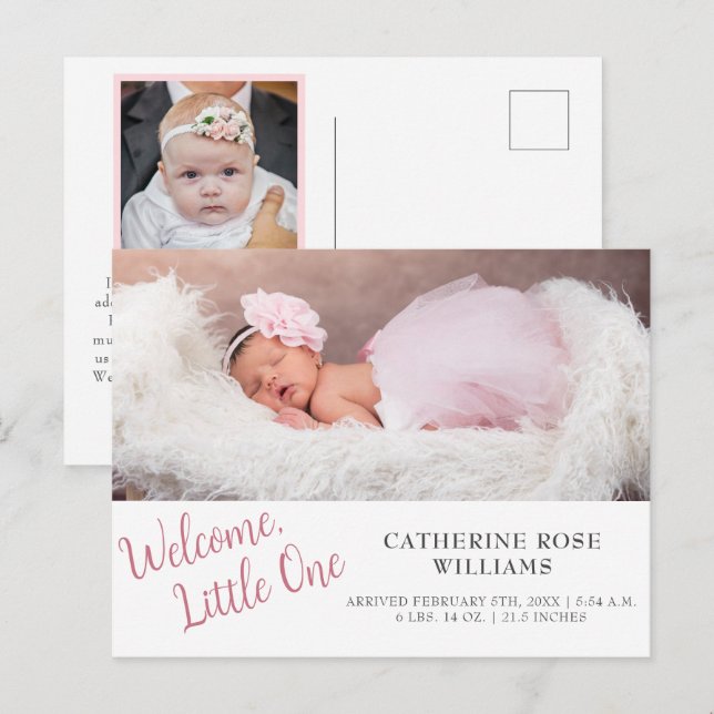 Modernes Pink Script Girl Baby Girl Birth Ankündigungspostkarte (Vorne/Hinten)