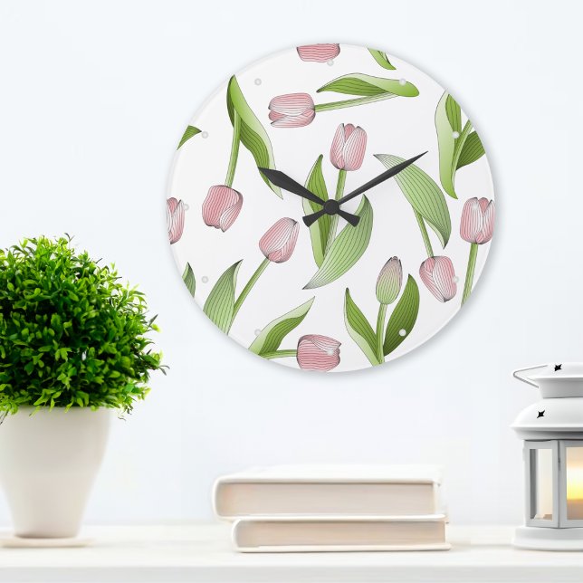 Modernes Pink Tulip Blume Muster Große Wanduhr (Von Creator hochgeladen)