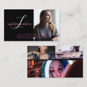 Modernes Pink und Back 4 Foto Script Monogram Visitenkarte