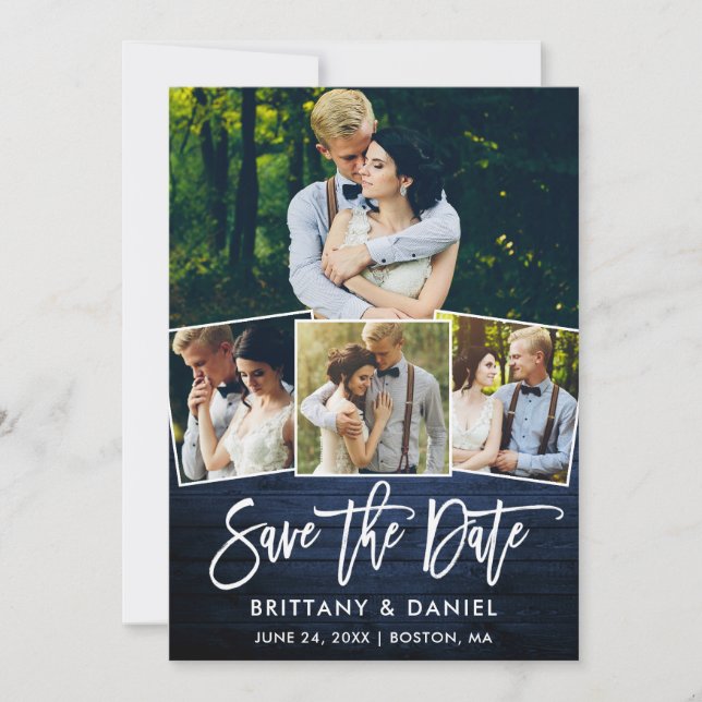 Modernes Pinsel Blau Holz 4 Foto Paar Save The Date (Vorderseite)