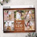 Modernes Pinsel Script Holz Save the Date 5 Foto Postkarte<br><div class="desc">Moderne Pinselschrift 5 Foto Save the Date Rustikale Holzpostkarte</div>