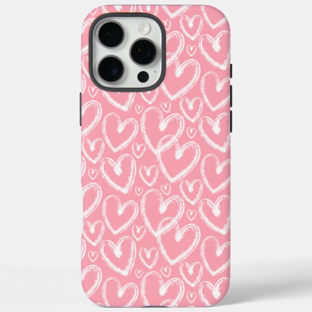 Modernes Pinselherz Rosa Weißes Muster iPhone 16 Pro Max Hülle (Rückseite)