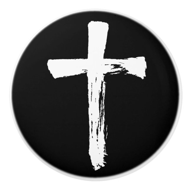 Modernes Pinselkreuz - Christliches Weißes Kreuz  Keramikknauf (Vorderseite)