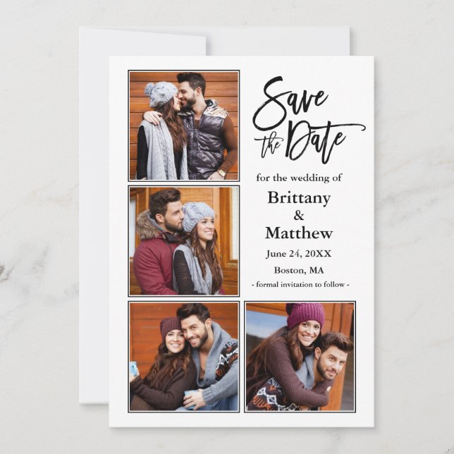 Modernes Pinselskript 4 Foto Couple Verlobung Save The Date (Vorderseite)