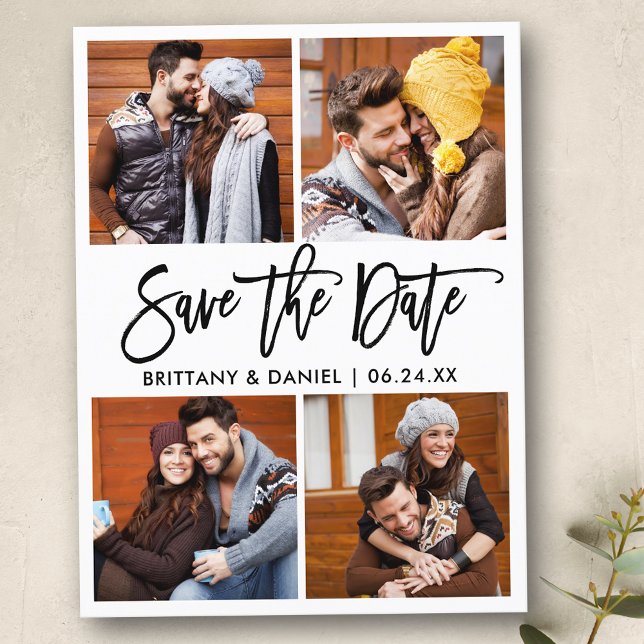 Modernes Pinselskript 4 FotoCollage Save the Date Postkarte (Customize to change your personalized text size or text style.)