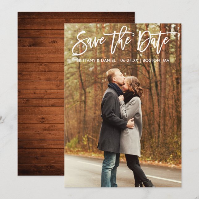 Modernes Pinselskript-Foto Save the Date Holzkarte Einladung (Vorne/Hinten)