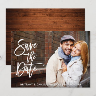 Modernes Pinselskript Save the Date Holzfotokarte Einladung