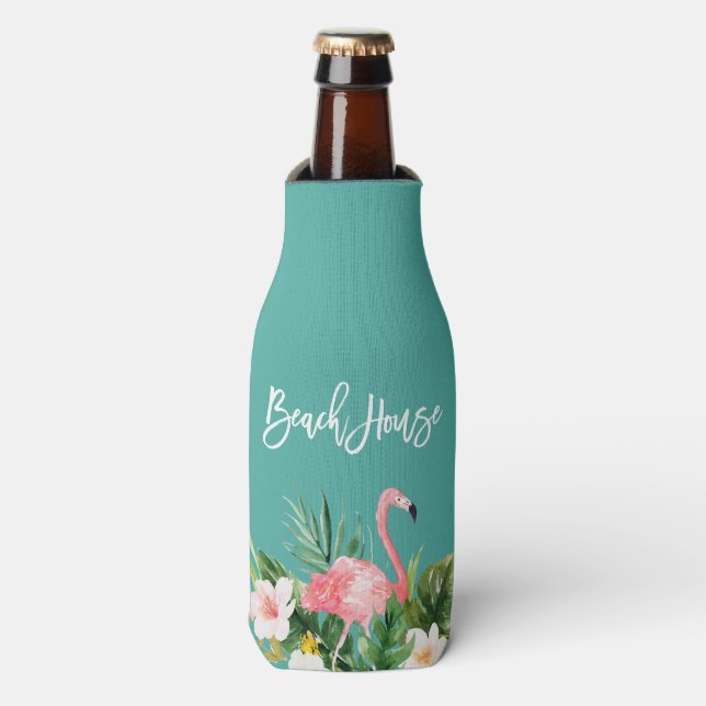 Modernes Pinselskript tropisches, florales Beach H Flaschenkühler (Flaschenvorderseite)