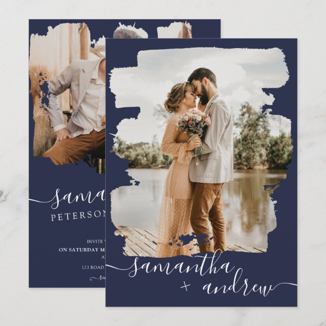 Modernes Pinselstrichskript 2 Fotos Hochzeit Einladung (Vorne/Hinten)