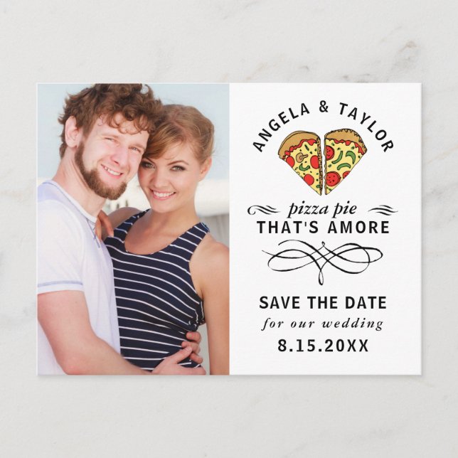 Modernes Pizza Liebe Black Script Foto Save the Da Postkarte (Vorderseite)
