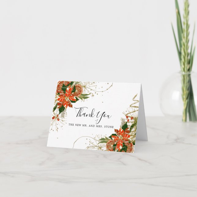Modernes Poinsettia Citrus Winter Wedding Foto Dankeskarte (Vorderseite)